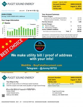 Washington Puget Sound Energy utility bill Sample Fake utility bill
